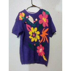 Gorgeous Jacklyn Smith Flower Power Purple Sweater Size Medium Cardigan Vintage